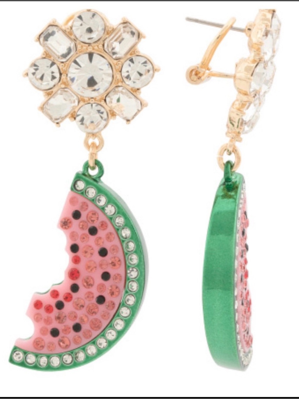 Betsey Johnson Gold Crystal & Green Pink Watermelon Drop Earrings